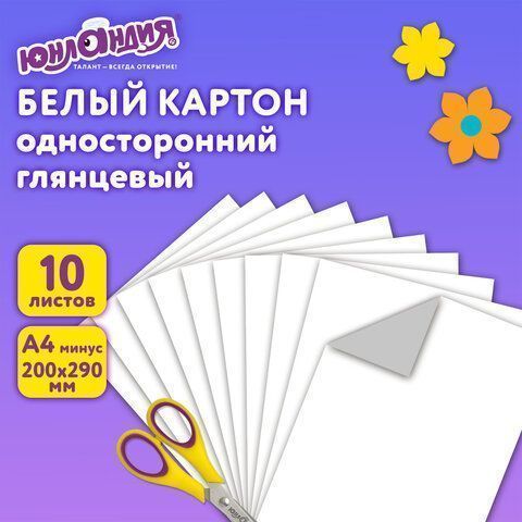 Белый картон 10л А4 мелованный в папке ЮНЛАНДИЯ 1/50