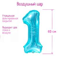 Шар фольгированный Цифра 1 65см прозрачно-бирюзовый 1/25/600